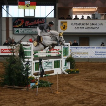 Ein Foto einer Reiterin auf ihrem Pferd beim Springen in einer Reithalle.